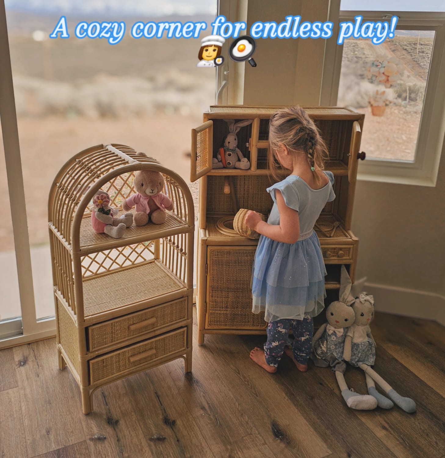 Montessori-Style Rattan Play Kitchen | Natural Pretend Play Station with Storage
