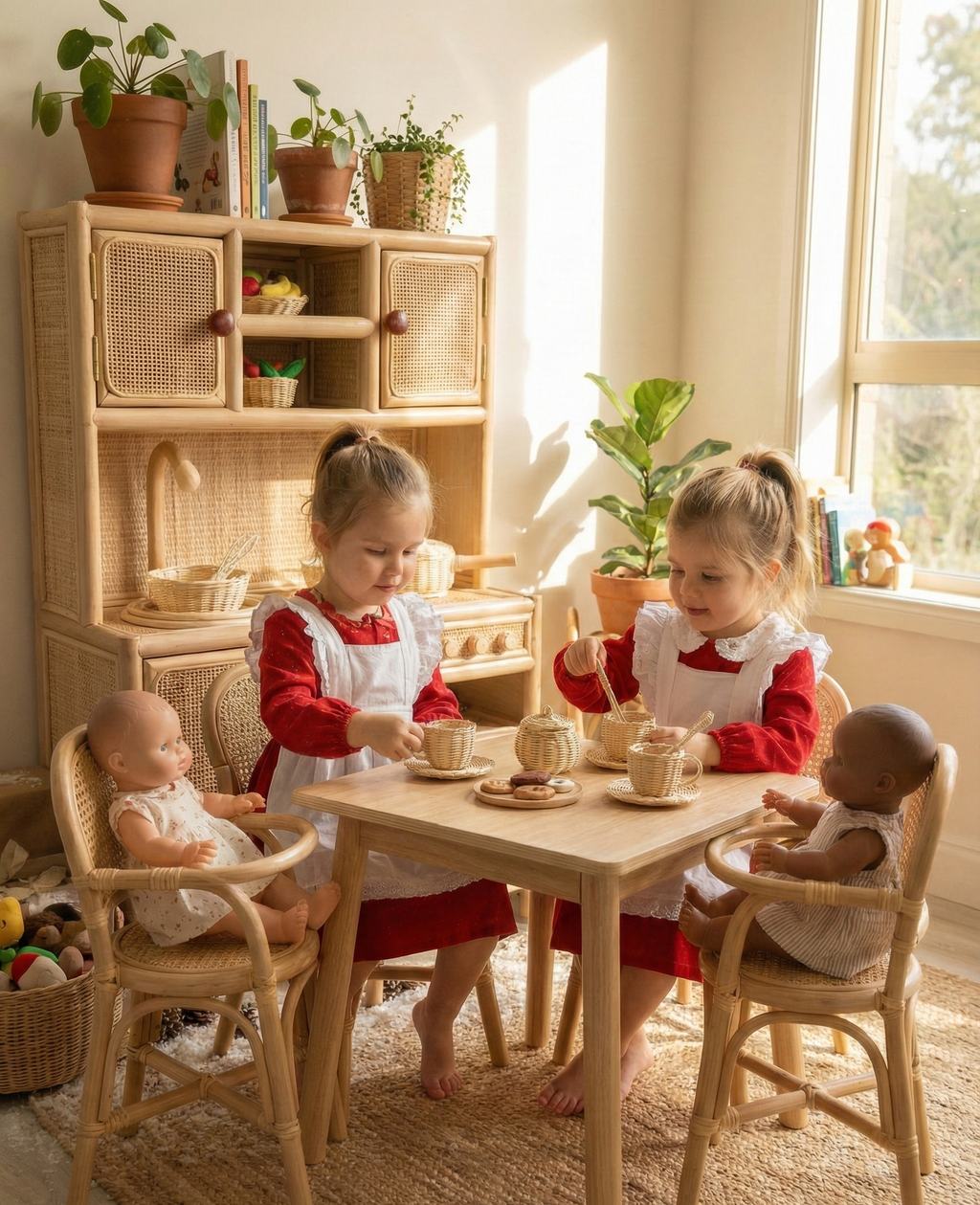 Montessori-Style Rattan Play Kitchen | Natural Pretend Play Station with Storage