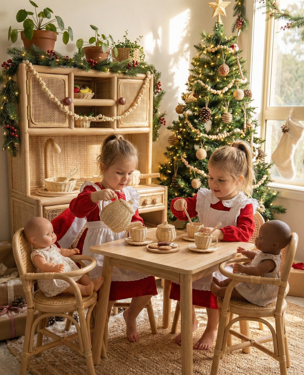 Montessori-Style Rattan Play Kitchen | Natural Pretend Play Station with Storage