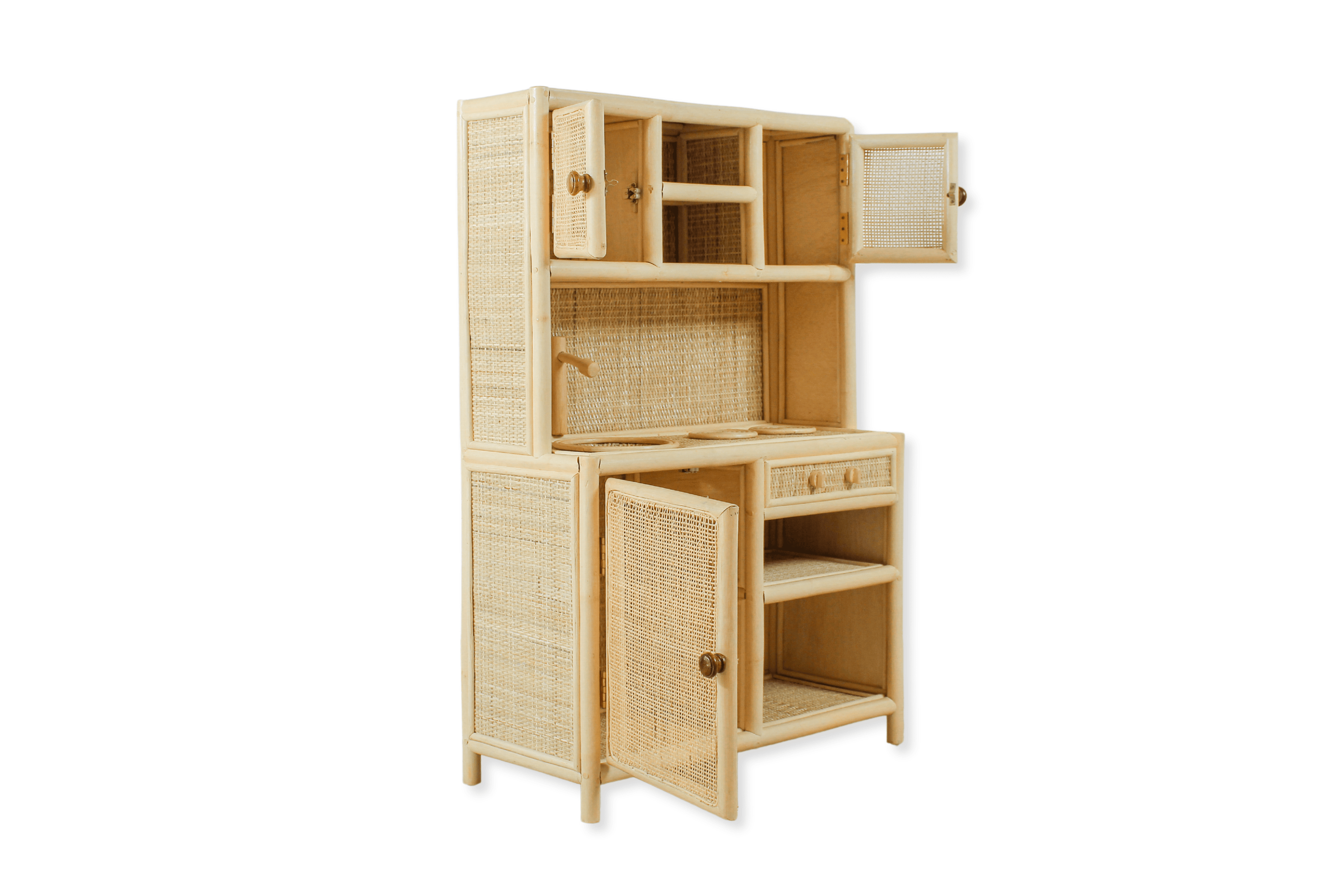 Montessori-Style Rattan Play Kitchen | Natural Pretend Play Station with Storage