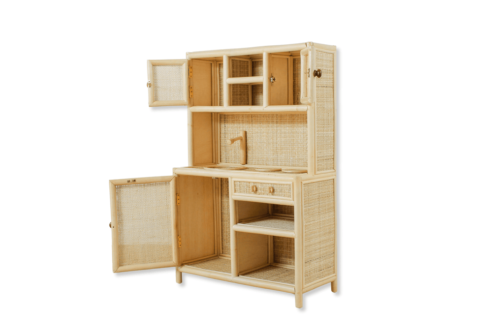 Montessori-Style Rattan Play Kitchen | Natural Pretend Play Station with Storage