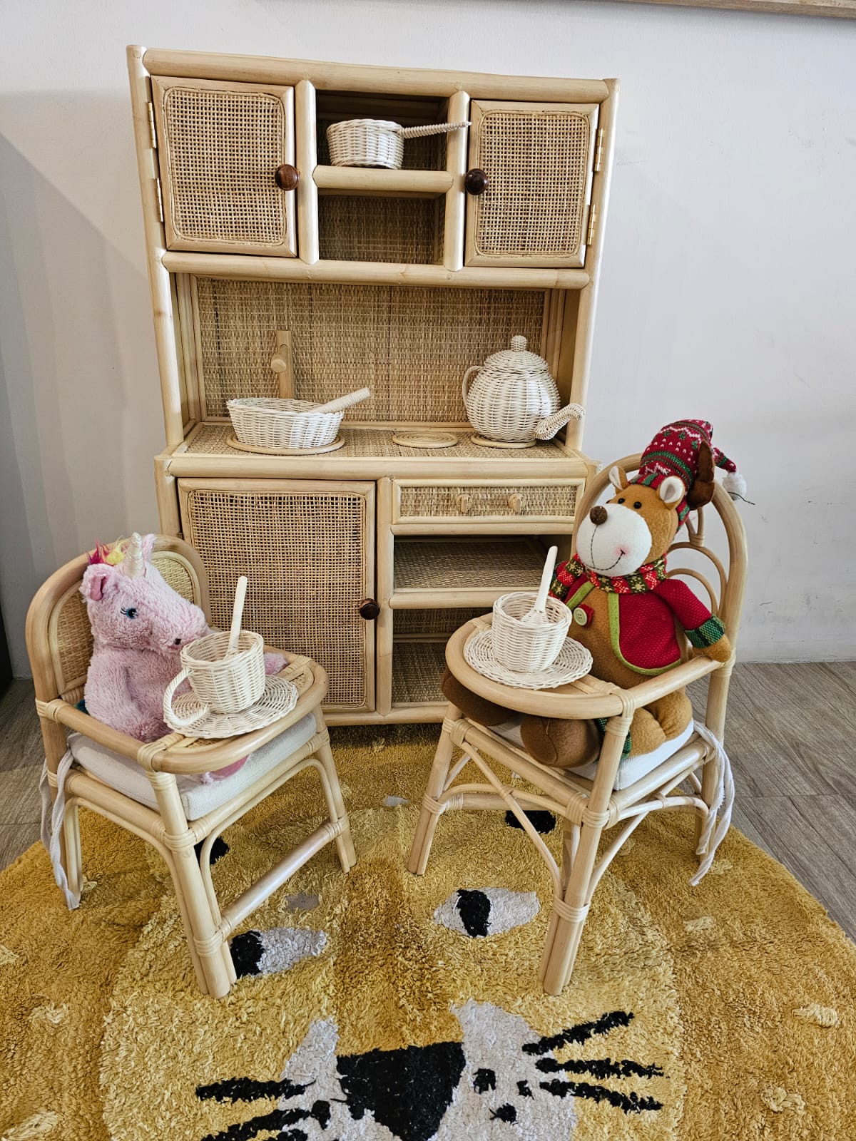 Montessori-Style Rattan Play Kitchen | Natural Pretend Play Station with Storage