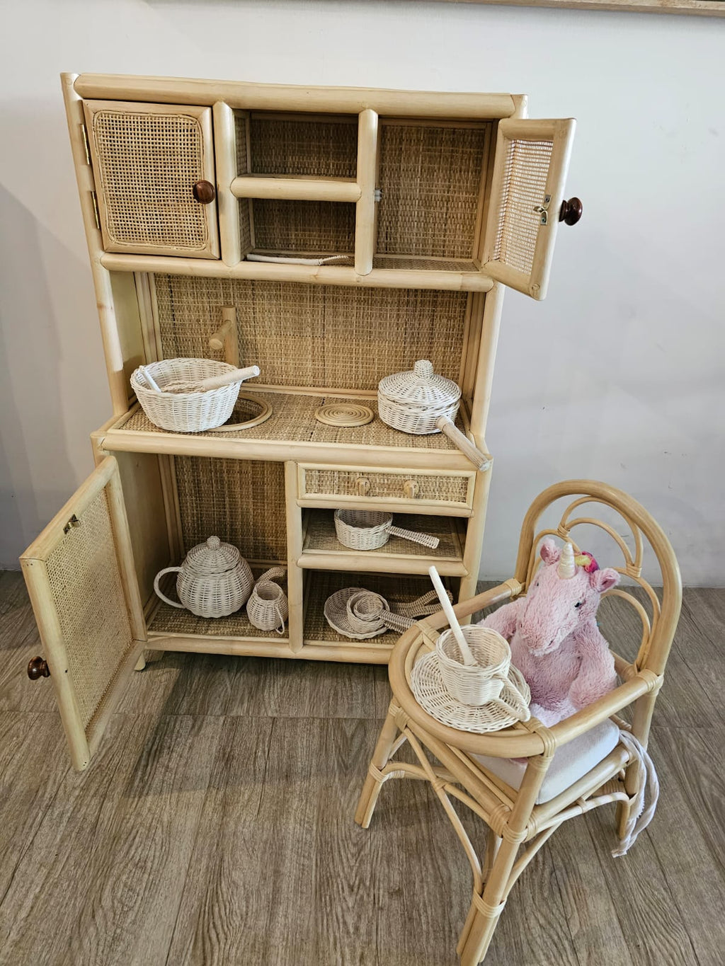 Montessori-Style Rattan Play Kitchen | Natural Pretend Play Station with Storage
