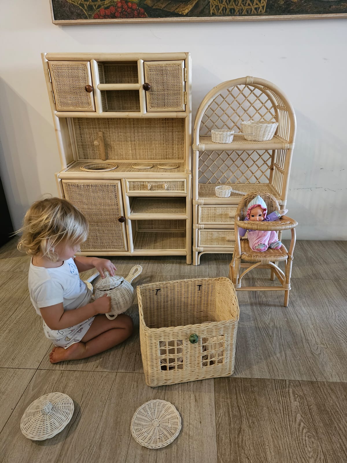 Montessori-Style Rattan Play Kitchen | Natural Pretend Play Station with Storage