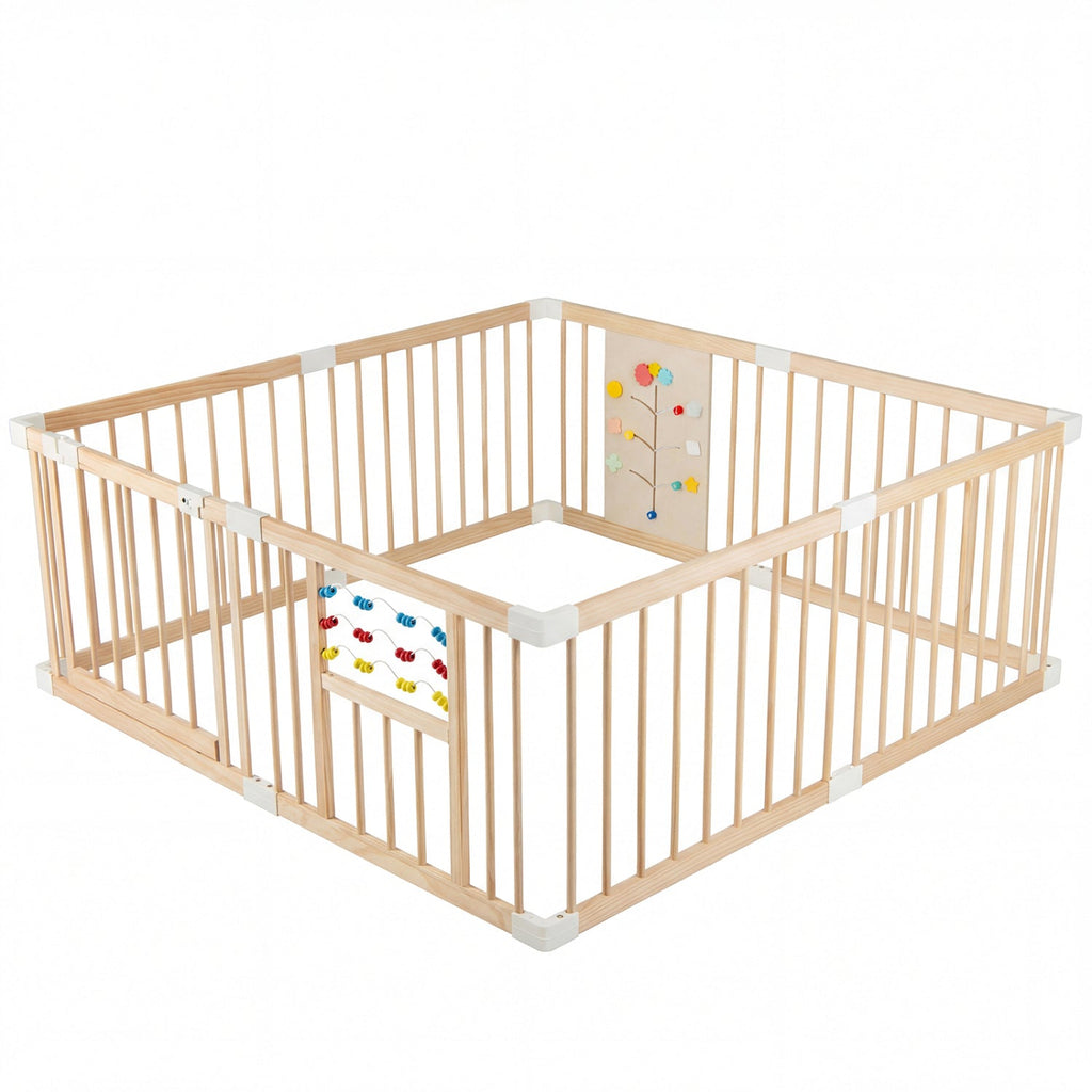 Wooden Baby Playpen Adjustable Large Play Yard for Infants-Natural