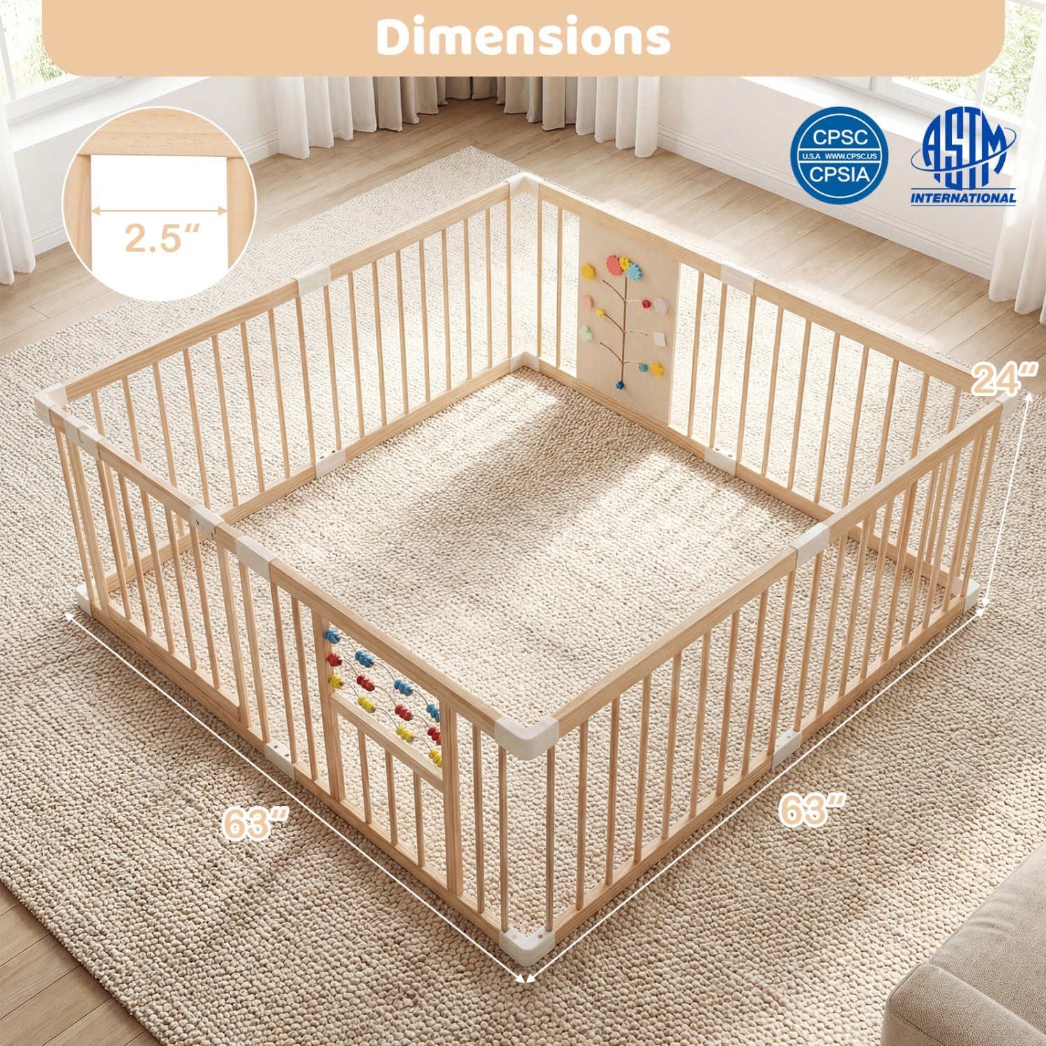Wooden Baby Playpen Adjustable Large Play Yard for Infants-Natural