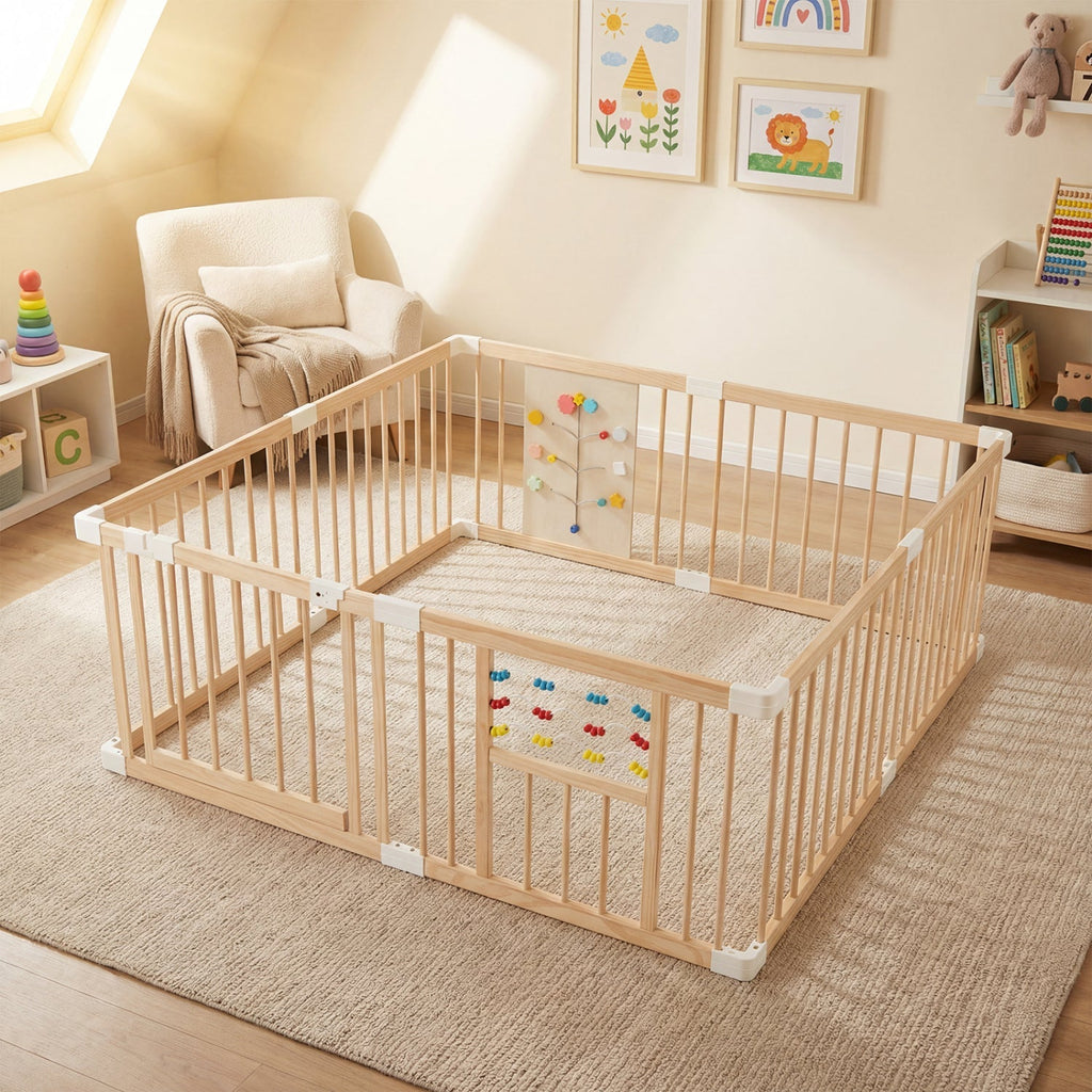 Wooden Baby Playpen Adjustable Large Play Yard for Infants-Natural
