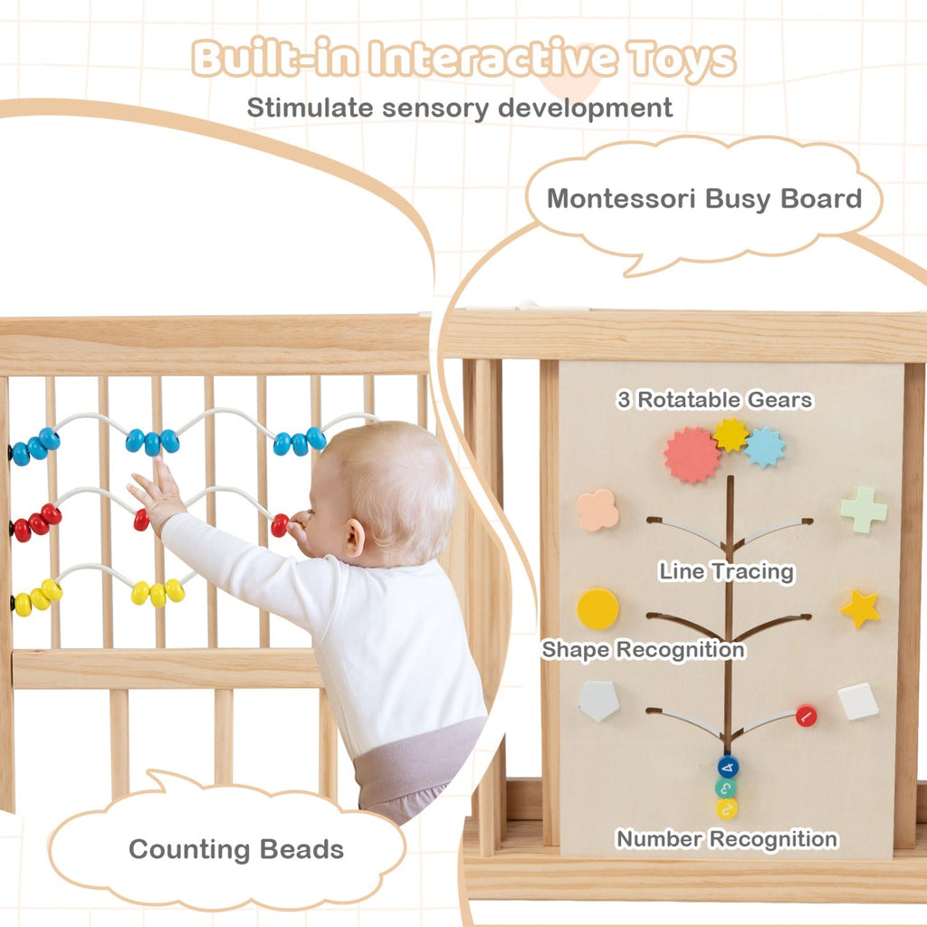 Wooden Baby Playpen Adjustable Large Play Yard for Infants-Natural
