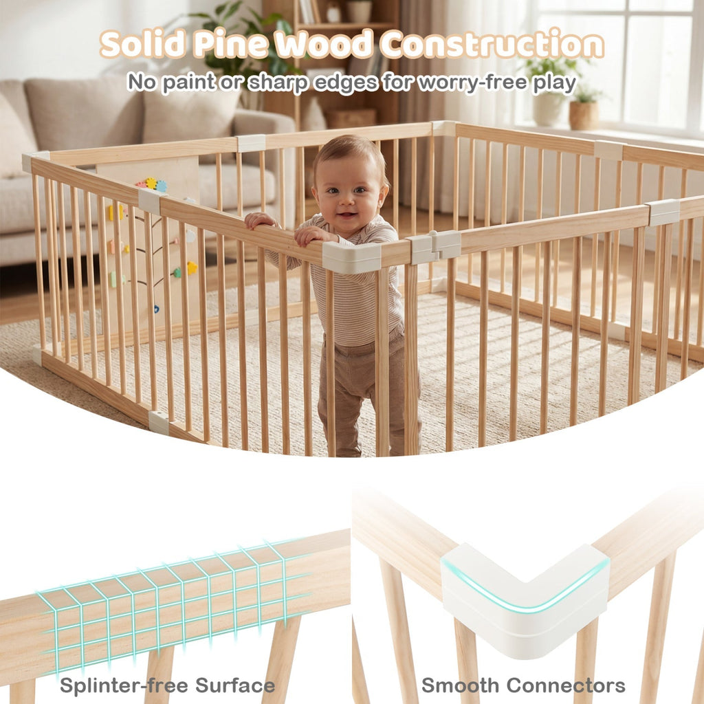 Wooden Baby Playpen Adjustable Large Play Yard for Infants-Natural