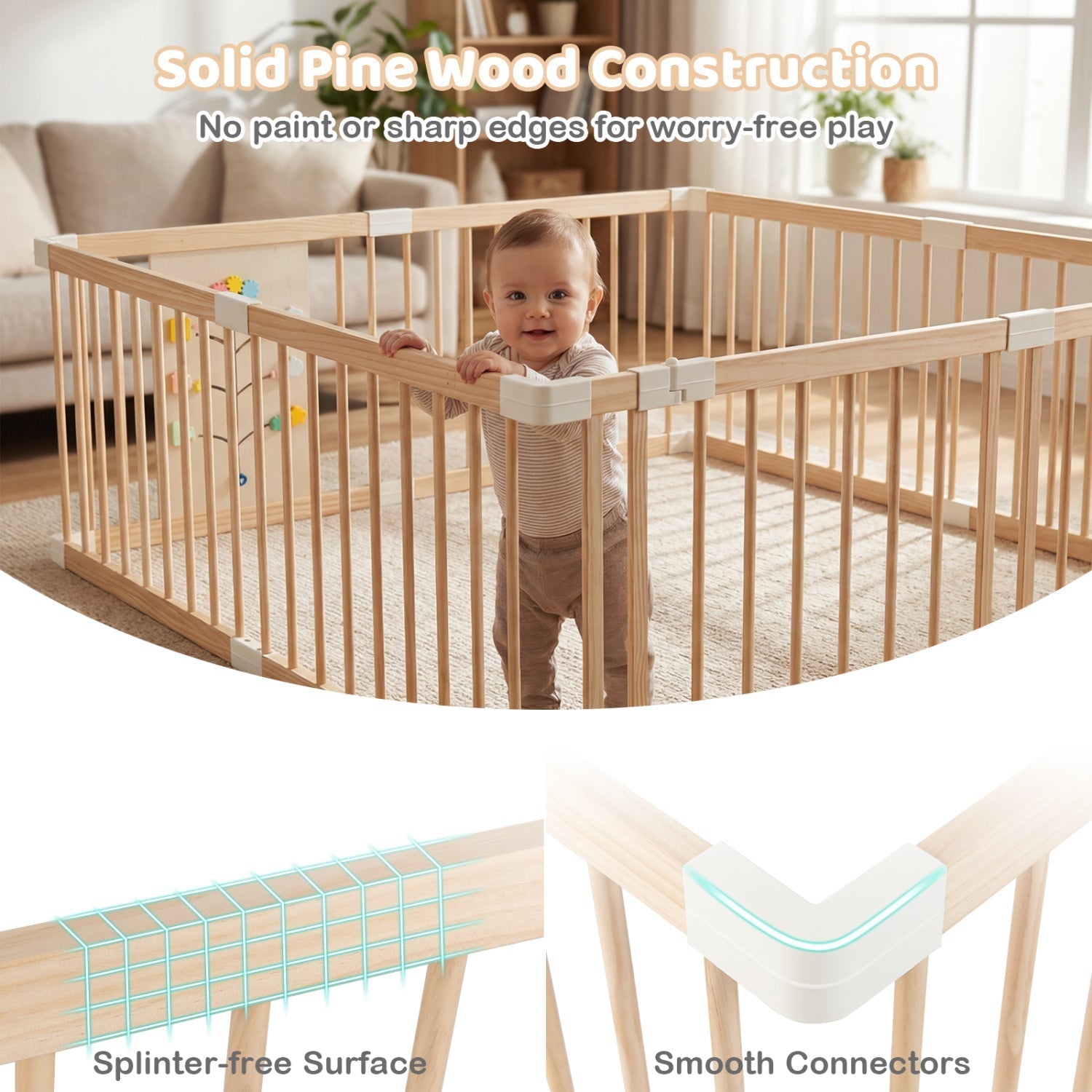 Wooden Baby Playpen Adjustable Large Play Yard for Infants-Natural
