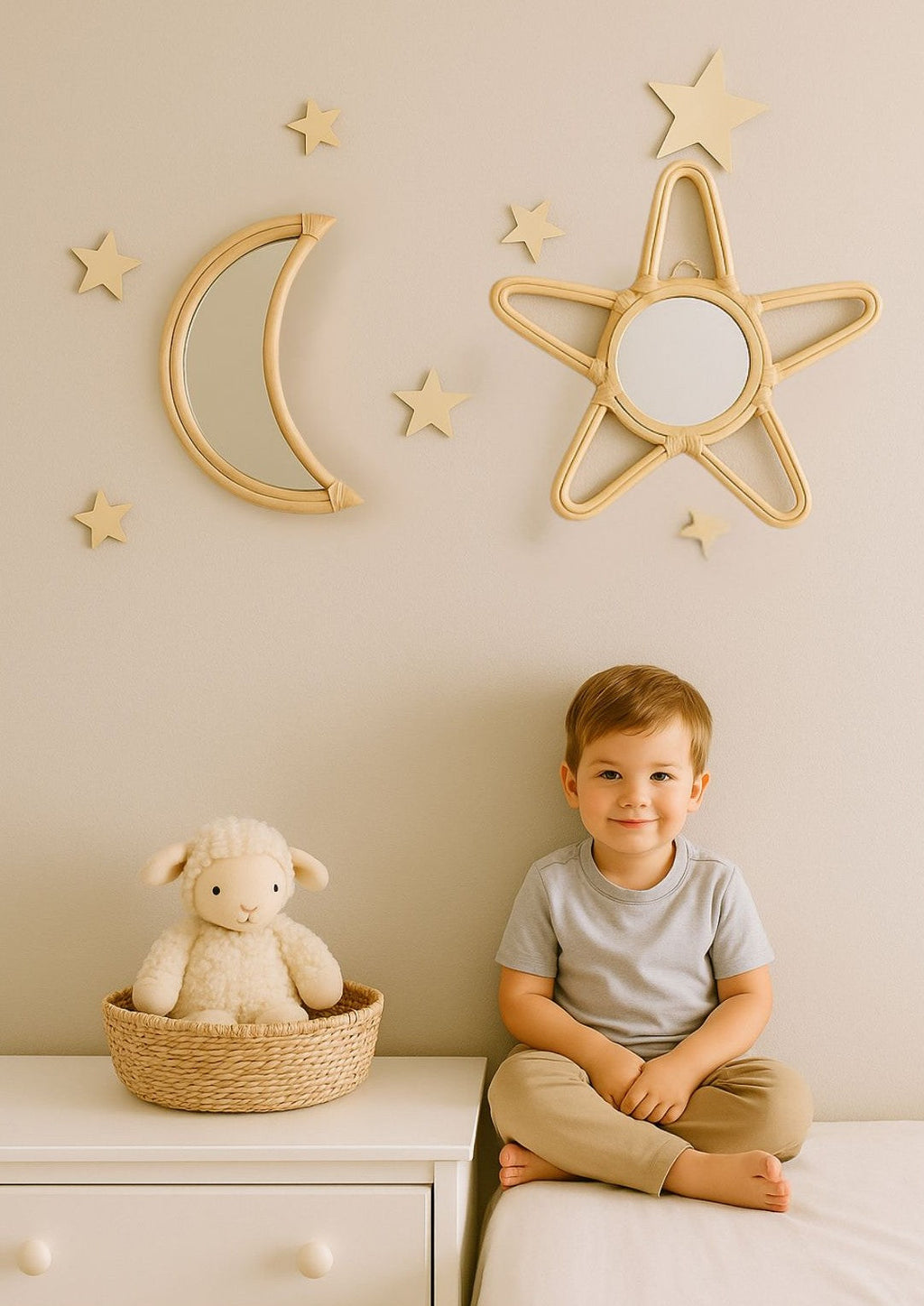 Rattan Moon Wall Mirror – Boho Space & Mystical Kids Room Decor