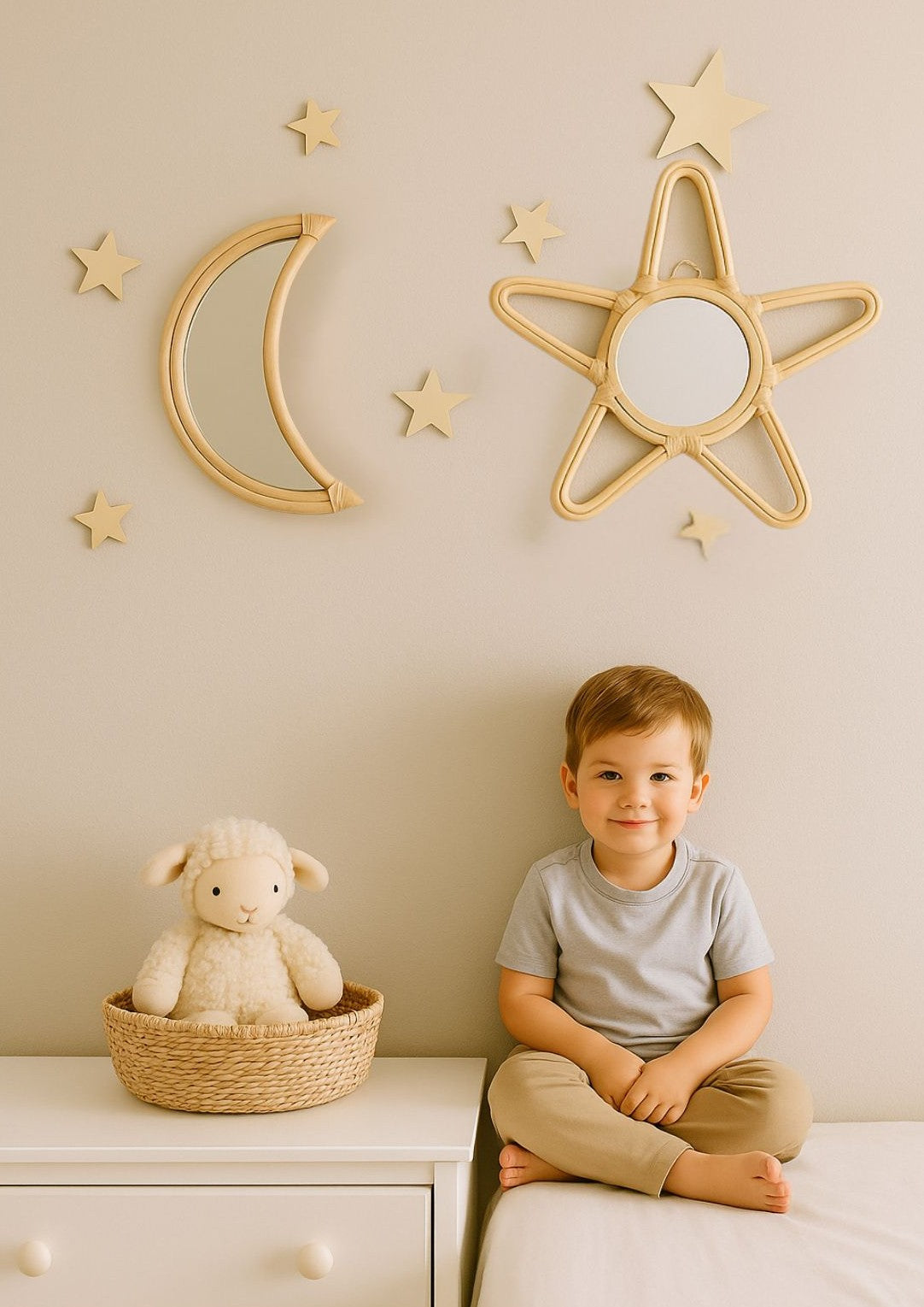 Rattan Moon Wall Mirror – Boho Space & Mystical Kids Room Decor