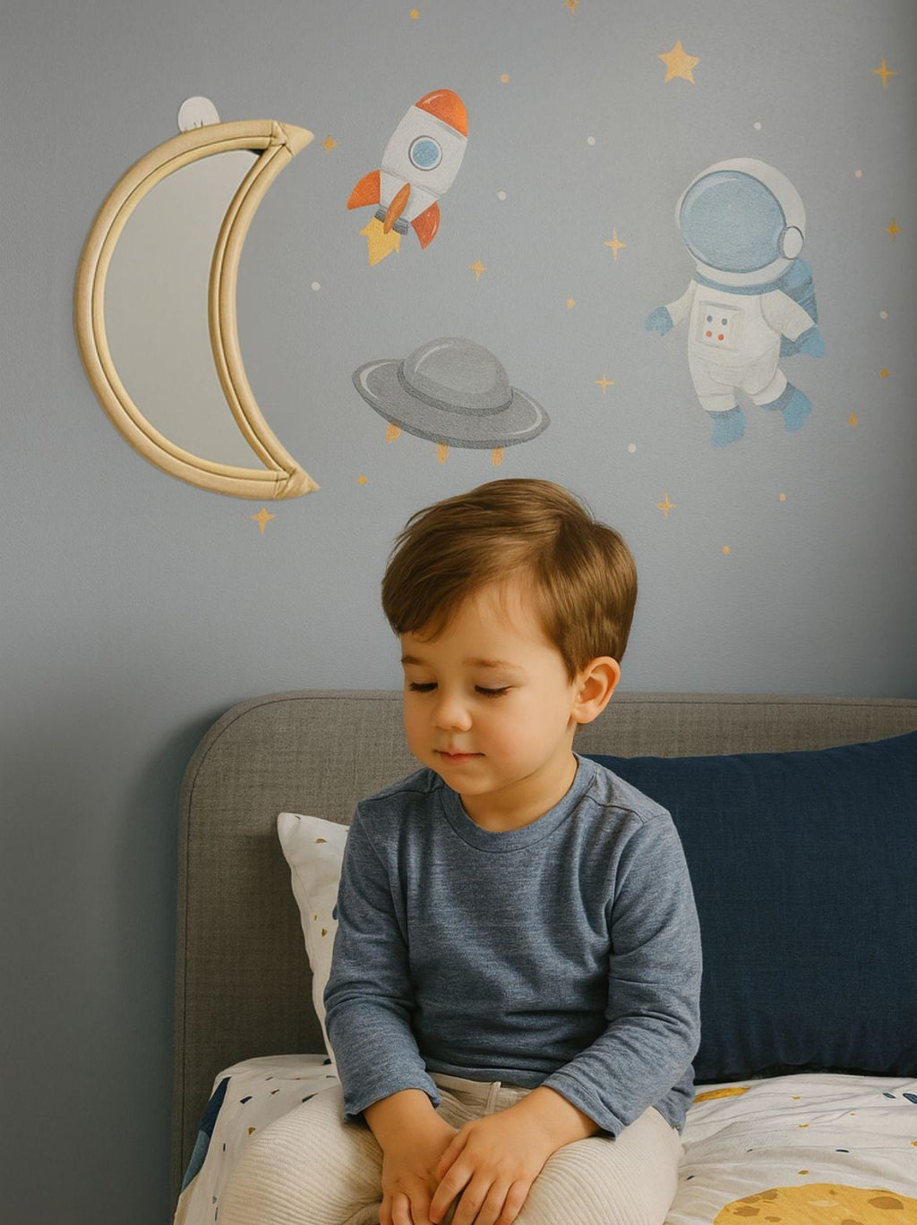 Rattan Moon Wall Mirror – Boho Space & Mystical Kids Room Decor