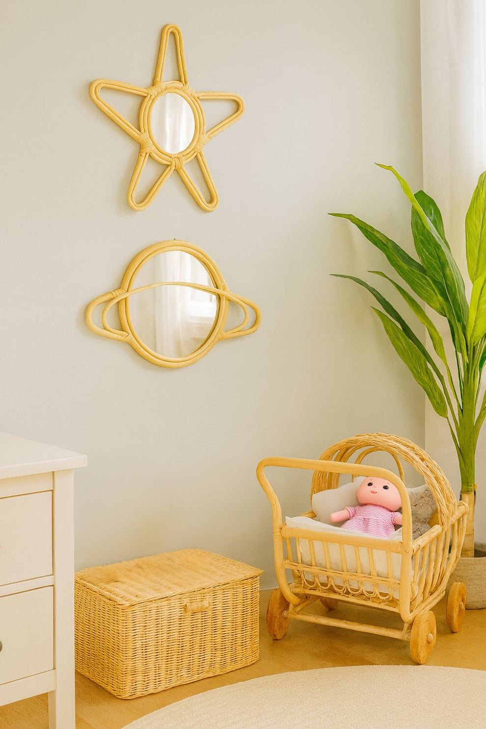 Rattan Star Wall Mirror – Boho & Space Kids Room Decor - Celestial Theme - Universe theme kids room