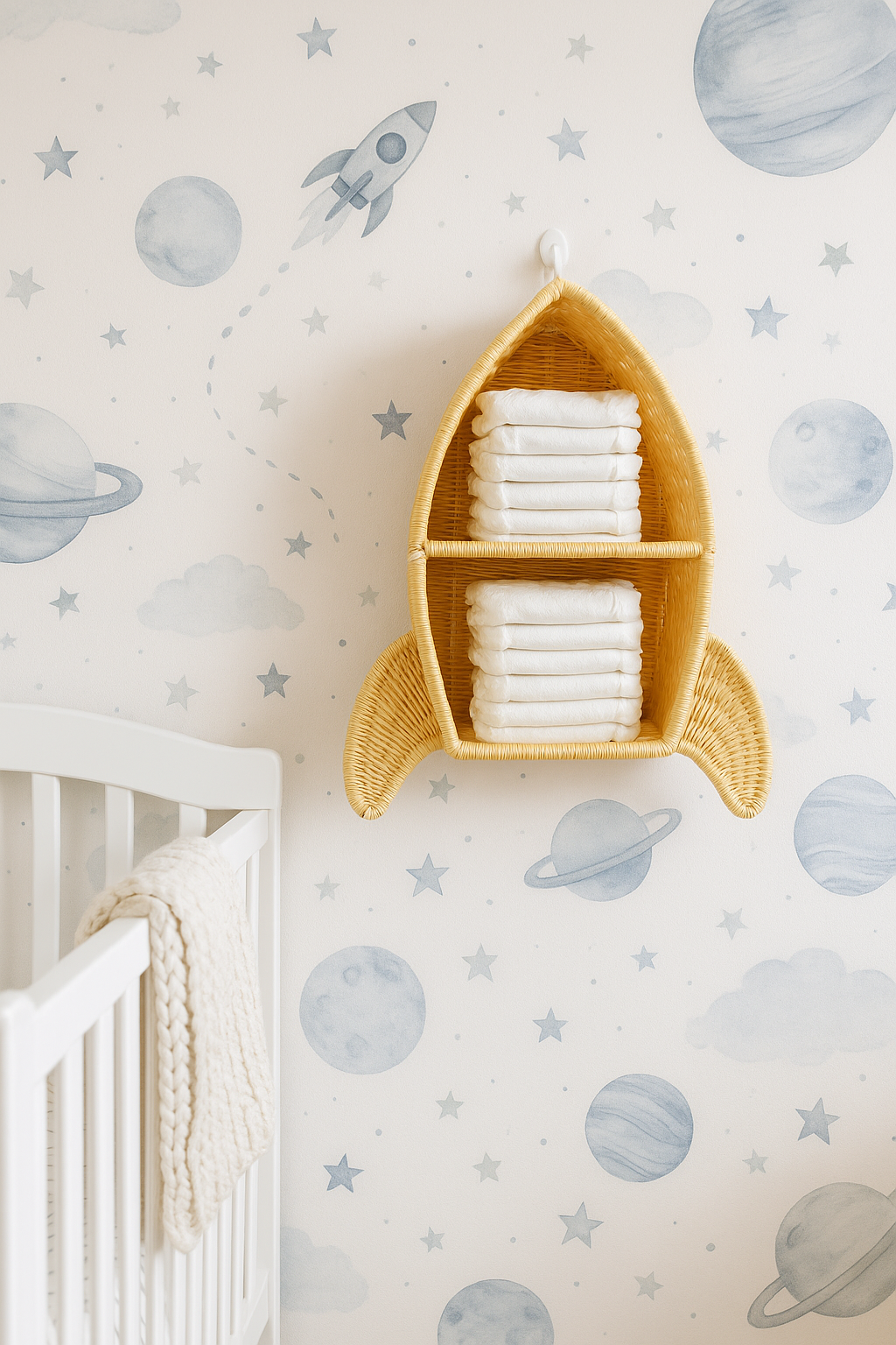 Rattan Rocket Ship Wall Shelf – Space Theme Kids Room & Nursery Décor