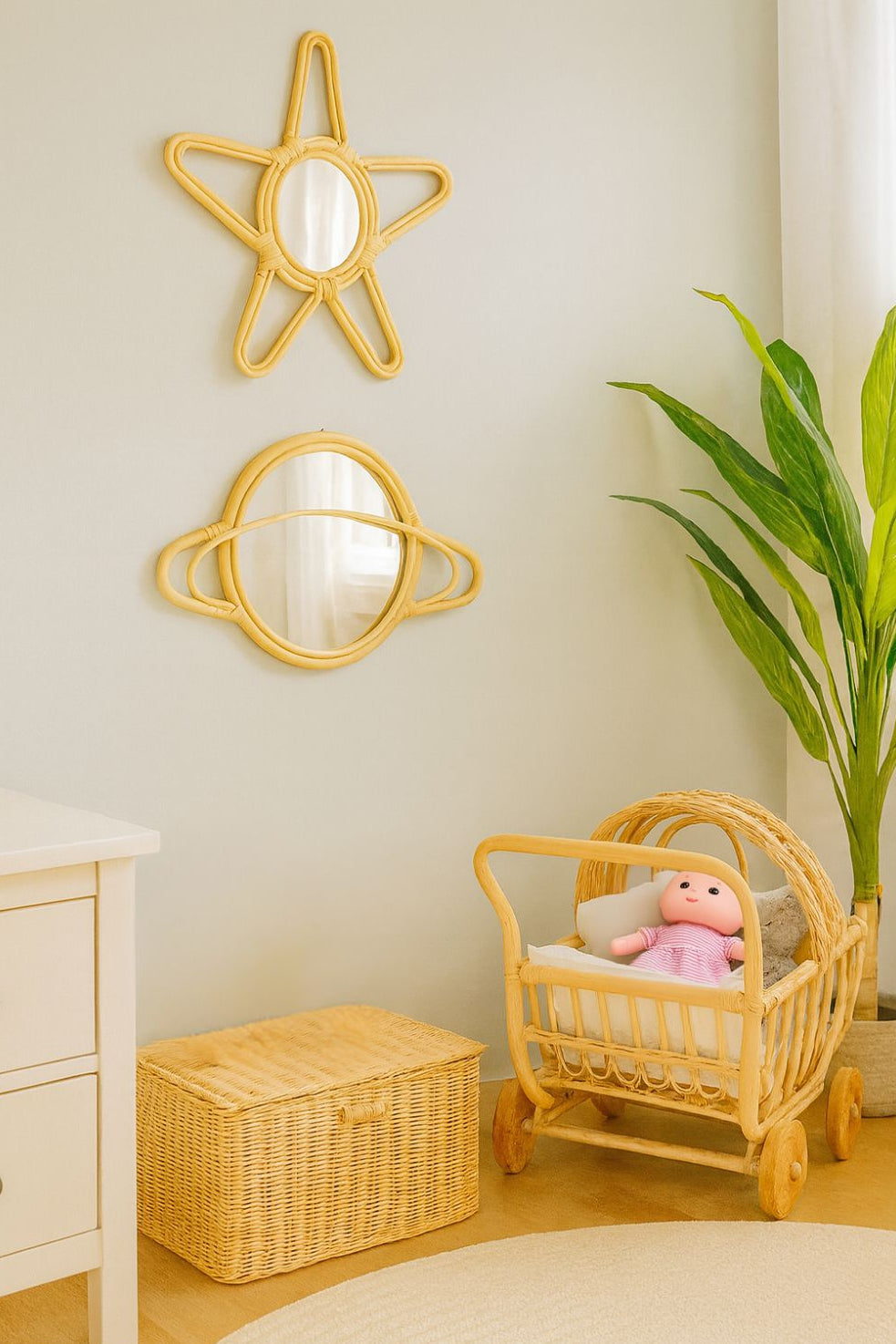 Rattan Saturn Mirror | Boho Nursery Wall Decor | Handmade Natural Rattan Mirror for Kids Room | Eco-Friendly Montessori Wall Art