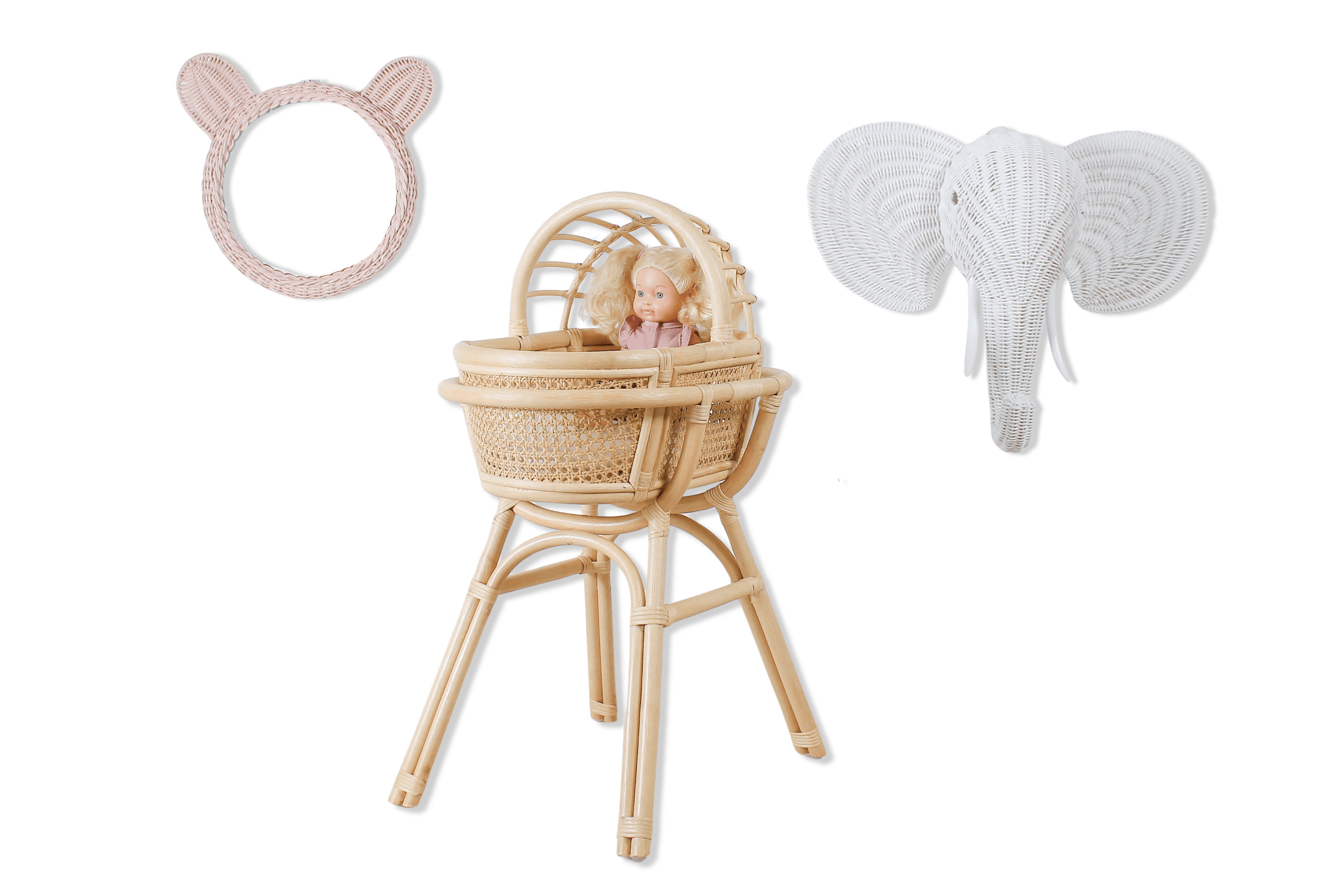 Lullaby Rattan Doll Bassinet with Stand – Handwoven Toy Cradle for Pretend Play
