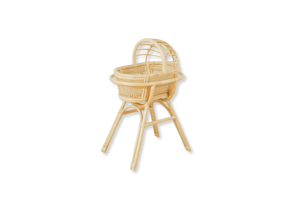 Lullaby Rattan Doll Bassinet with Stand – Handwoven Toy Cradle for Pretend Play