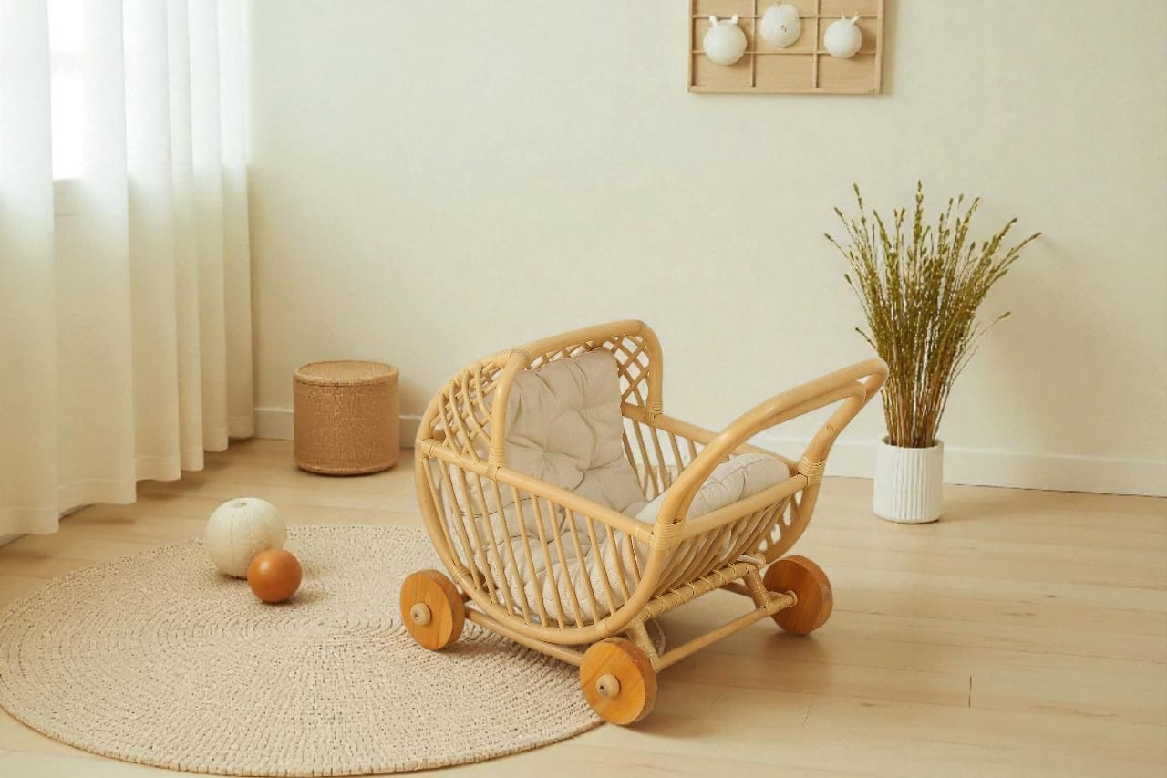 Lullaby Rattan Doll Buggy – Handcrafted Boho Stroller for Little Girls Doll Pretend Play