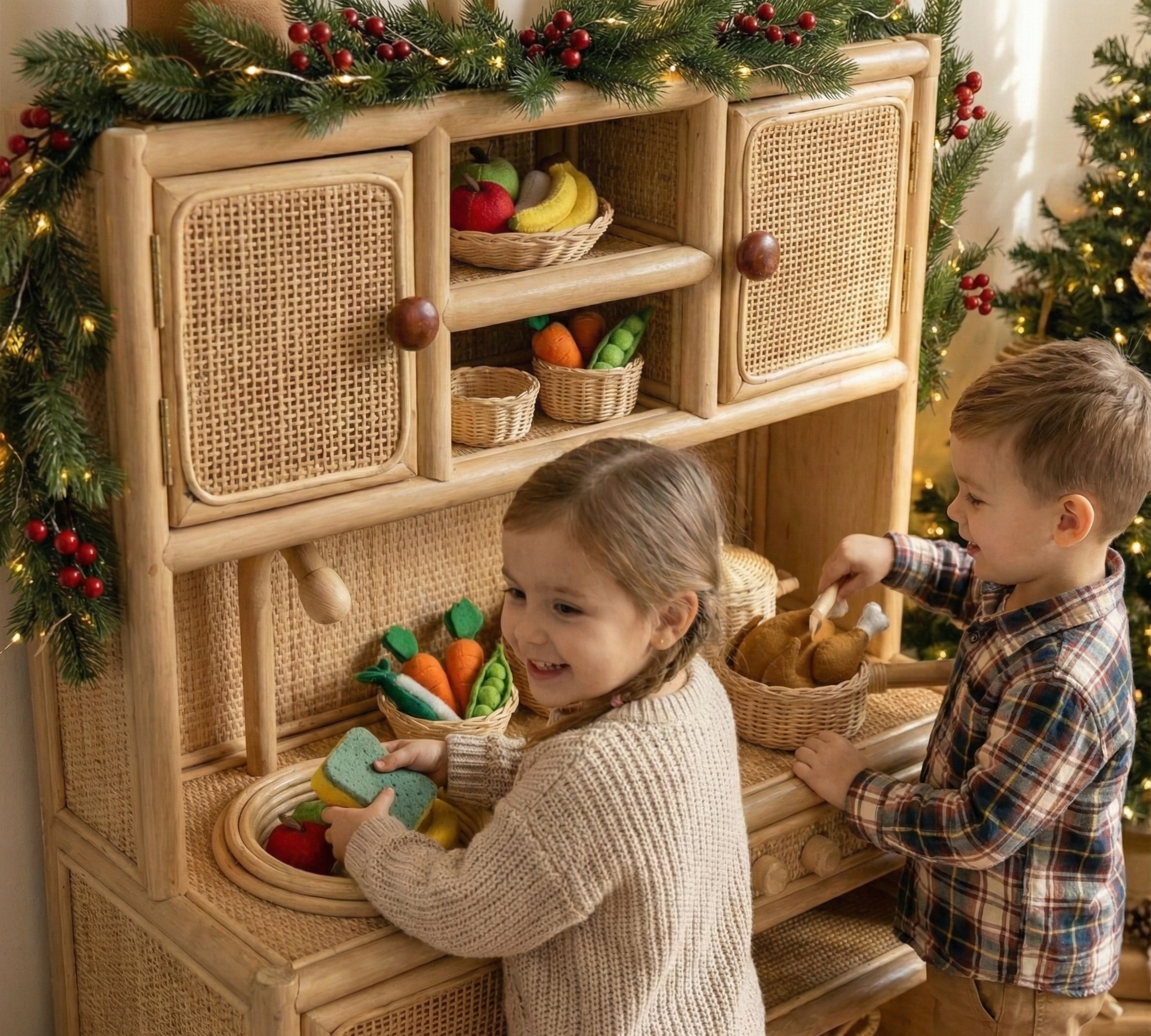 Montessori-Style Rattan Play Kitchen | Natural Pretend Play Station with Storage
