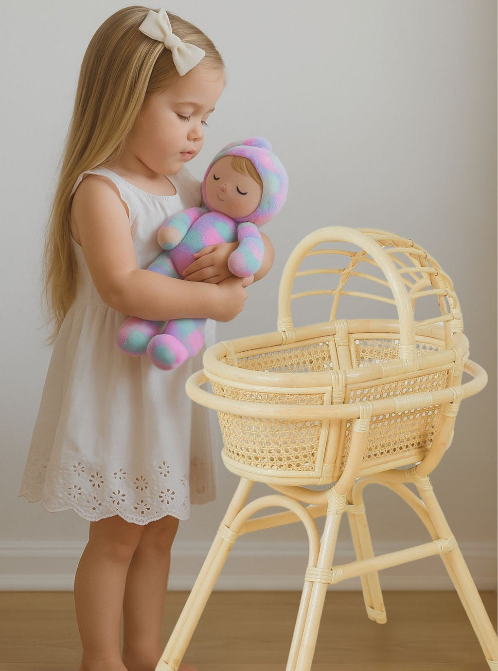 Lullaby Rattan Doll Bassinet with Stand – Handwoven Toy Cradle for Pretend Play