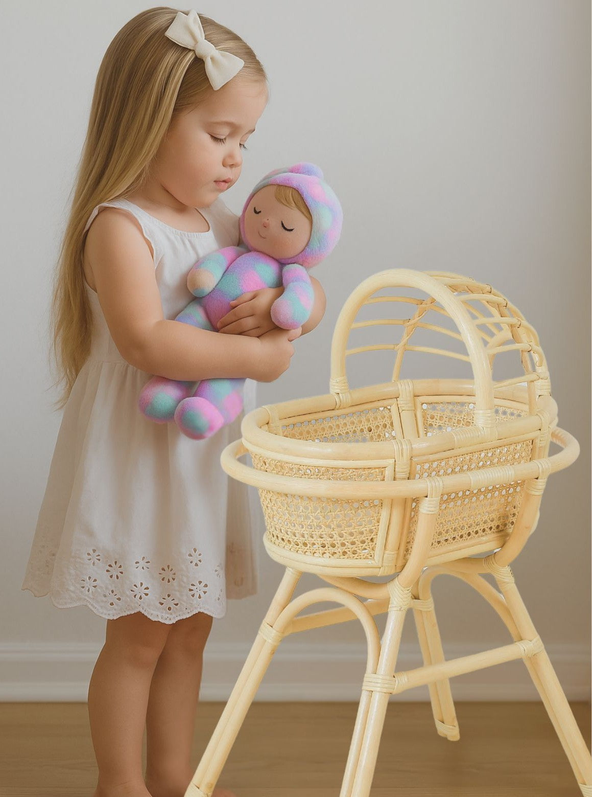 Lullaby Rattan Doll Bassinet with Stand – Handwoven Toy Cradle for Pretend Play
