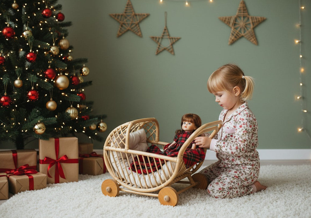 Lullaby Rattan Doll Buggy – Handcrafted Boho Stroller for Little Girls Doll Pretend Play