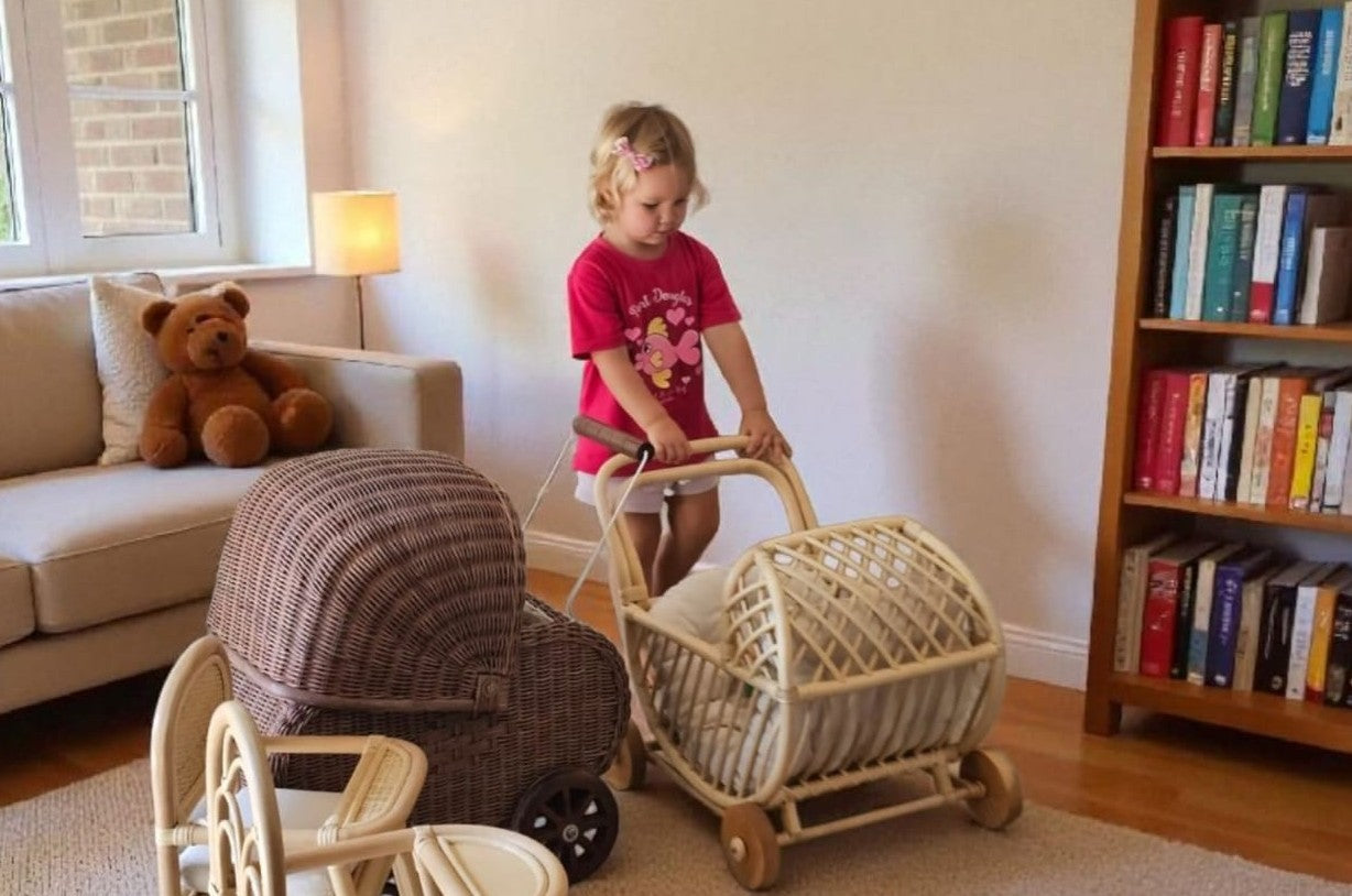 Lullaby Rattan Doll Buggy – Handcrafted Boho Stroller for Little Girls Doll Pretend Play