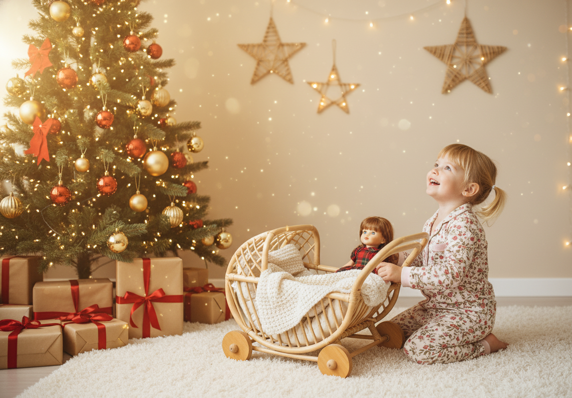 Lullaby Rattan Doll Buggy – Handcrafted Boho Stroller for Little Girls Doll Pretend Play