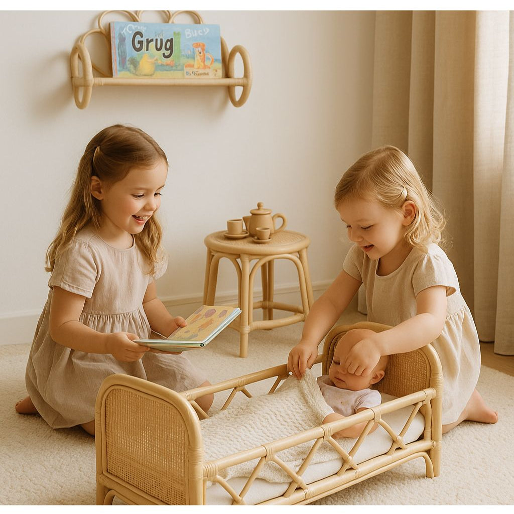 Rattan Doll Bed – Boho Montessori Doll Furniture for Imaginative Play