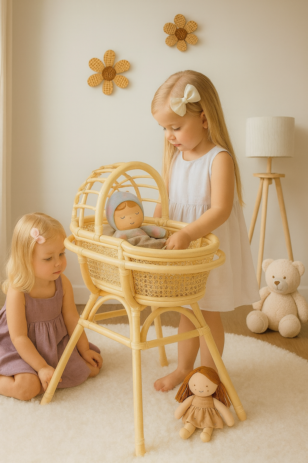 Lullaby Rattan Doll Bassinet with Stand – Handwoven Toy Cradle for Pretend Play