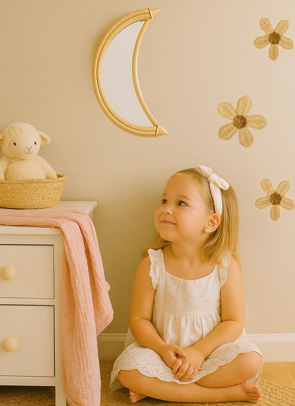 Rattan Moon Wall Mirror – Boho Space & Mystical Kids Room Decor