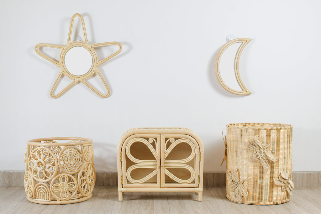 Rattan Moon Wall Mirror – Boho Space & Mystical Kids Room Decor
