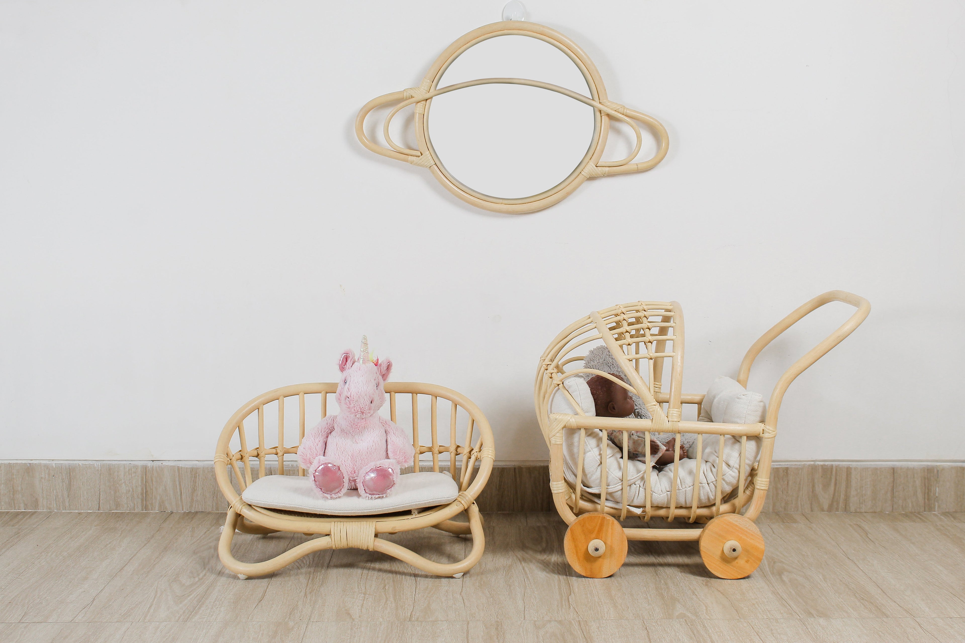 Rattan Saturn Mirror | Boho Nursery Wall Decor | Handmade Natural Rattan Mirror for Kids Room | Eco-Friendly Montessori Wall Art
