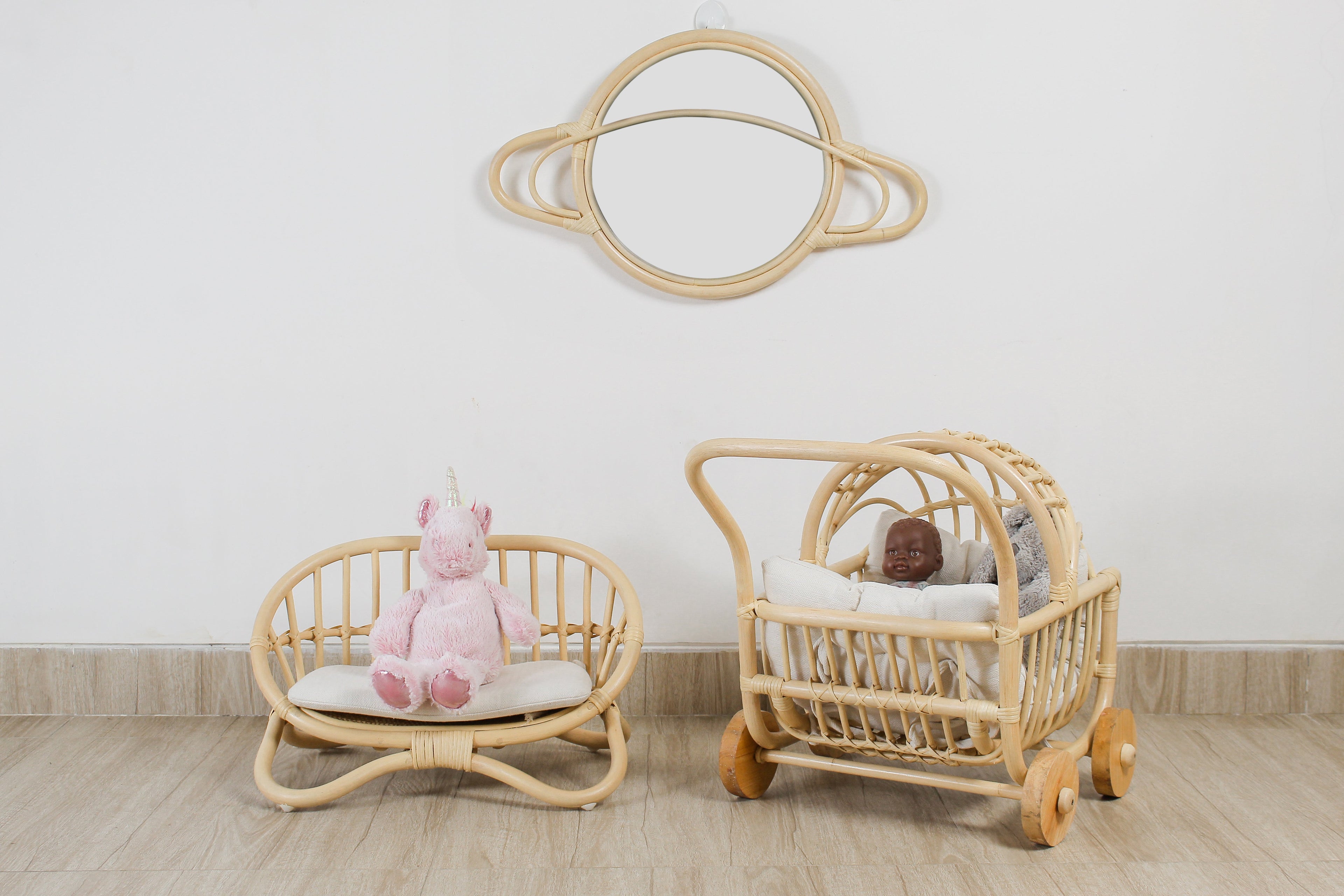 Rattan Saturn Mirror | Boho Nursery Wall Decor | Handmade Natural Rattan Mirror for Kids Room | Eco-Friendly Montessori Wall Art