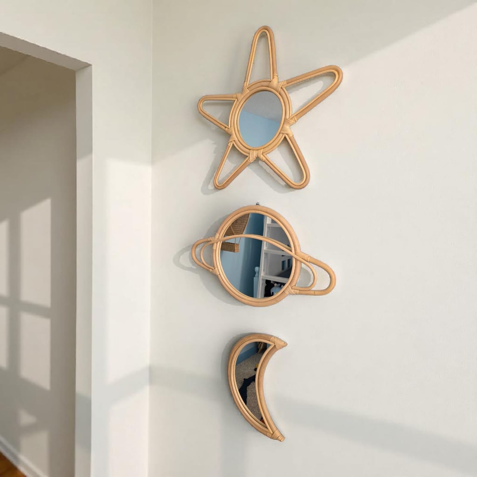 Rattan Moon Wall Mirror – Boho Space & Mystical Kids Room Decor