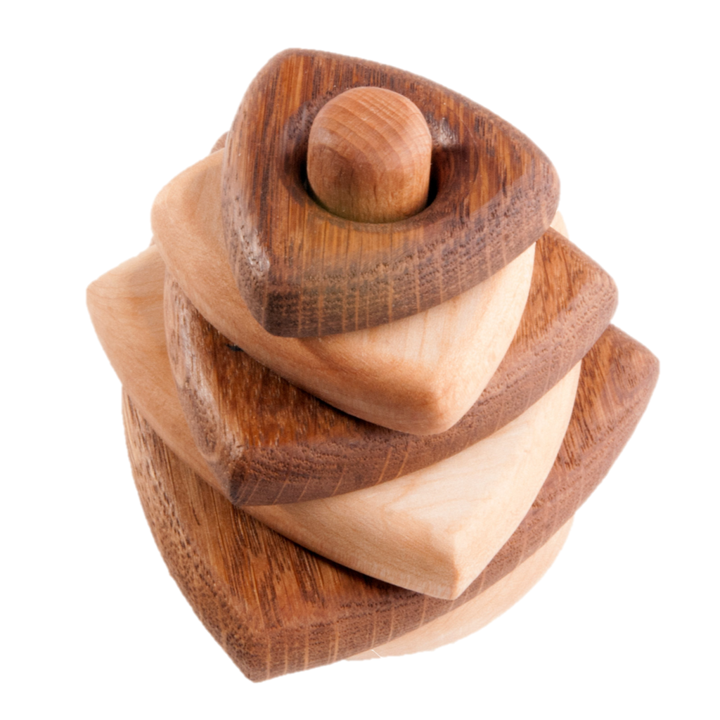 Wooden stacking toy in triangle shape from 2 types of wood
