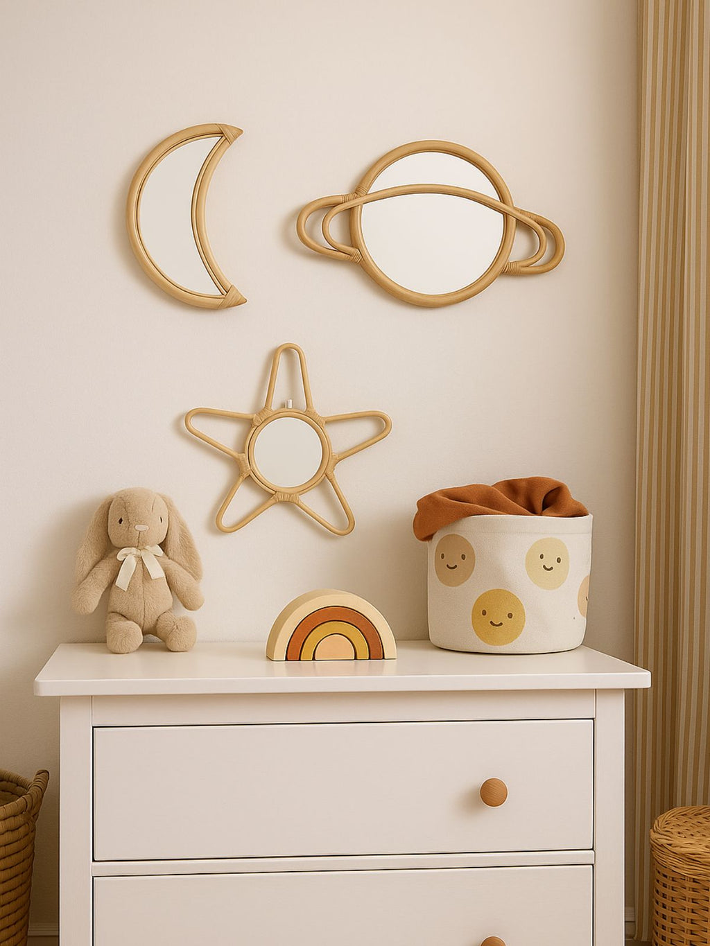 Rattan Moon Wall Mirror – Boho Space & Mystical Kids Room Decor