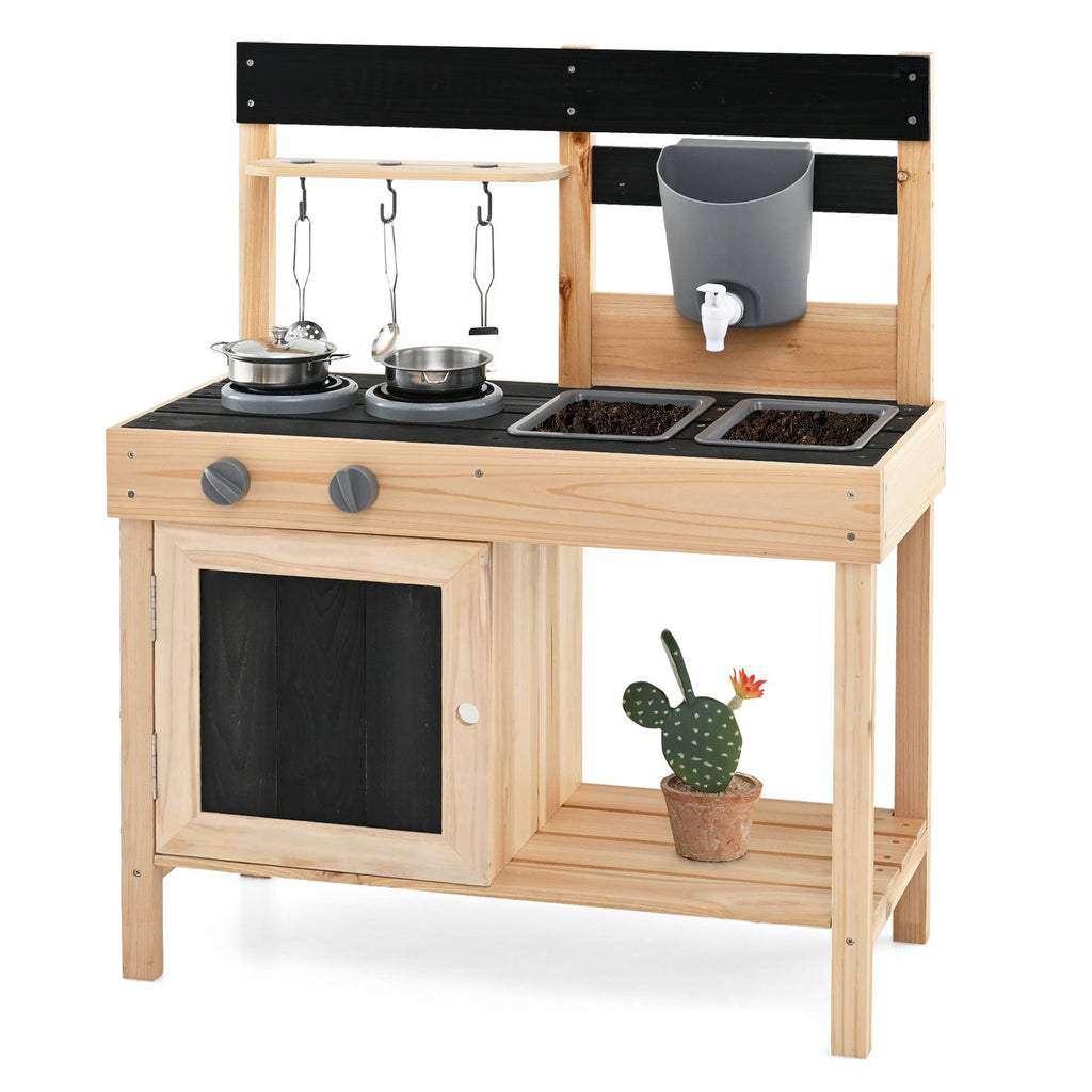 Mud Kitchen Playset Kids Play Kitchen Outdoor with 2 Removable Sinks-Natural