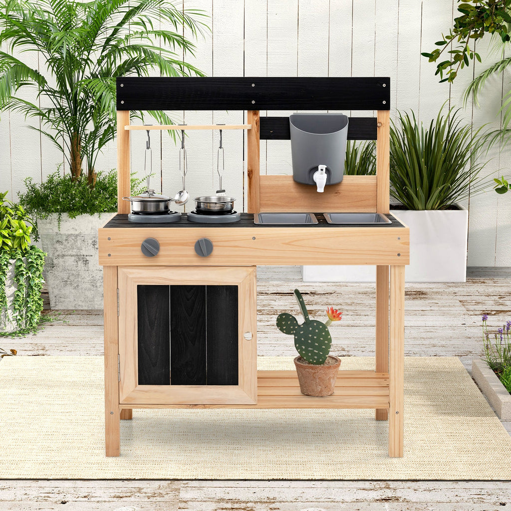 Mud Kitchen Playset Kids Play Kitchen Outdoor with 2 Removable Sinks-Natural