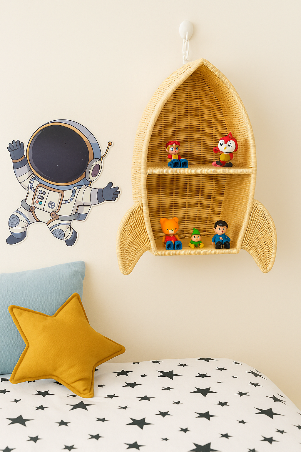 Rattan Rocket Ship Wall Shelf – Space Theme Kids Room & Nursery Décor