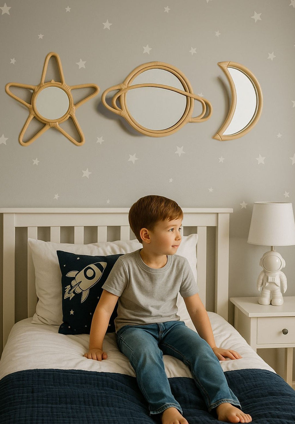 Rattan Star Wall Mirror – Boho & Space Kids Room Decor - Celestial Theme - Universe theme kids room
