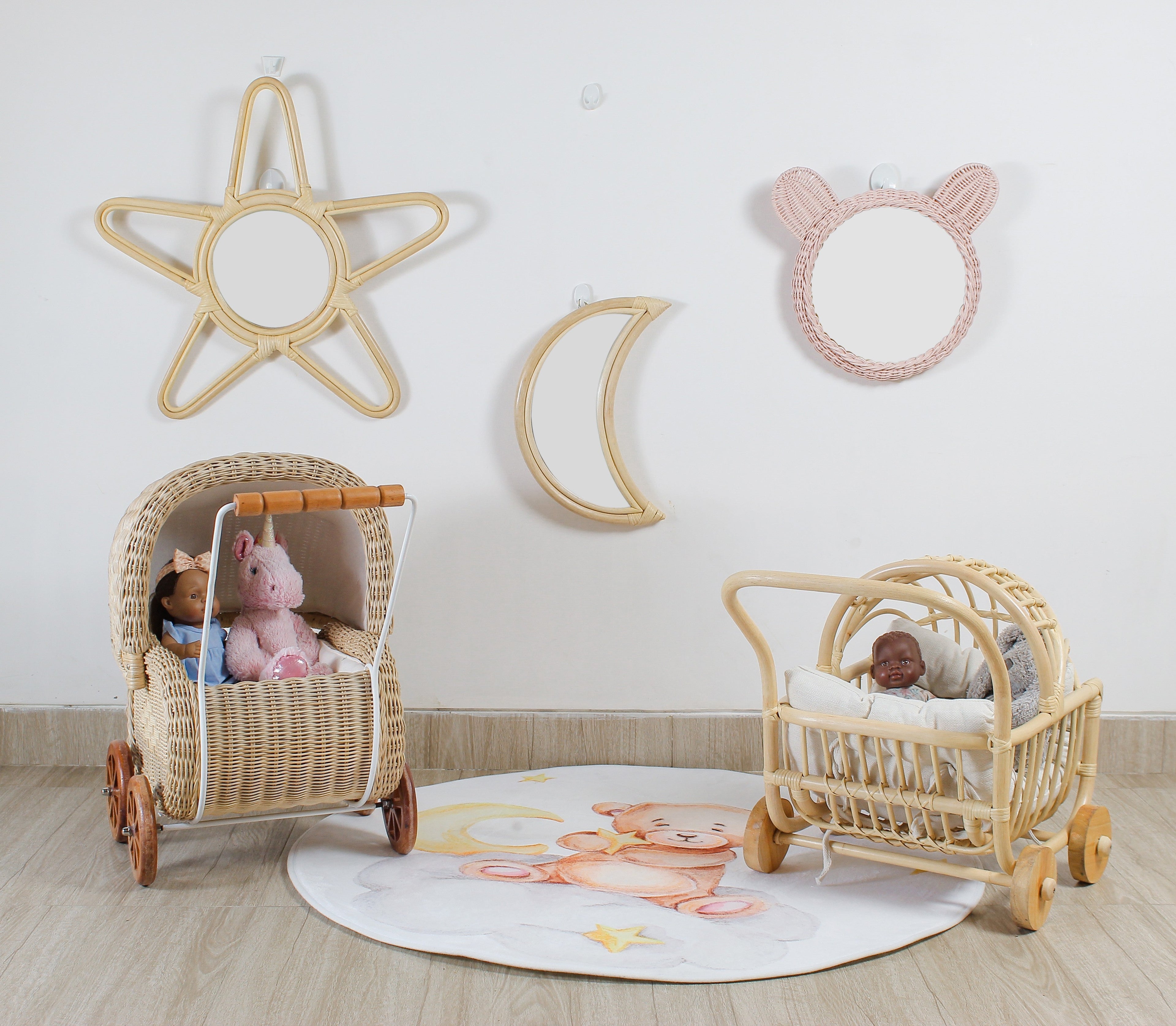 Rattan Moon Wall Mirror – Boho Space & Mystical Kids Room Decor