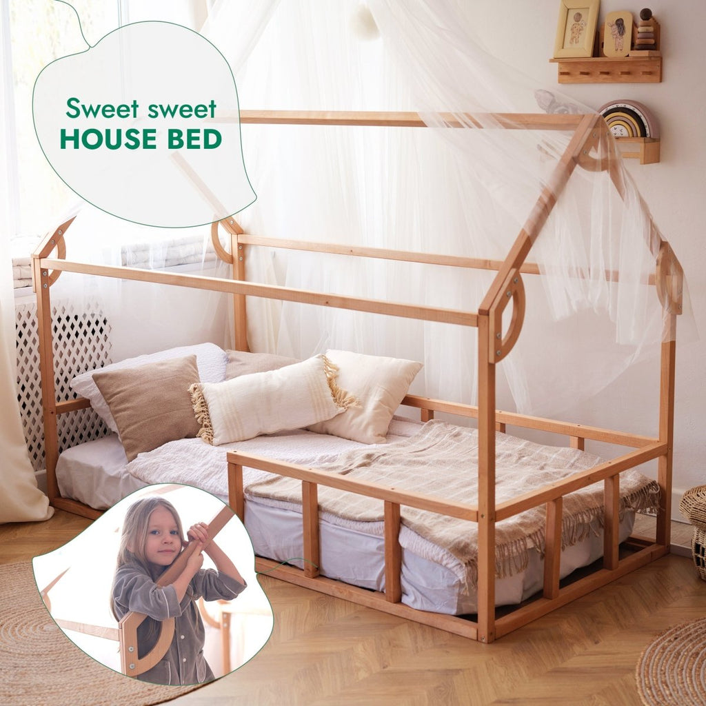 Twin Size Montessori House Bed for Kids with Fence