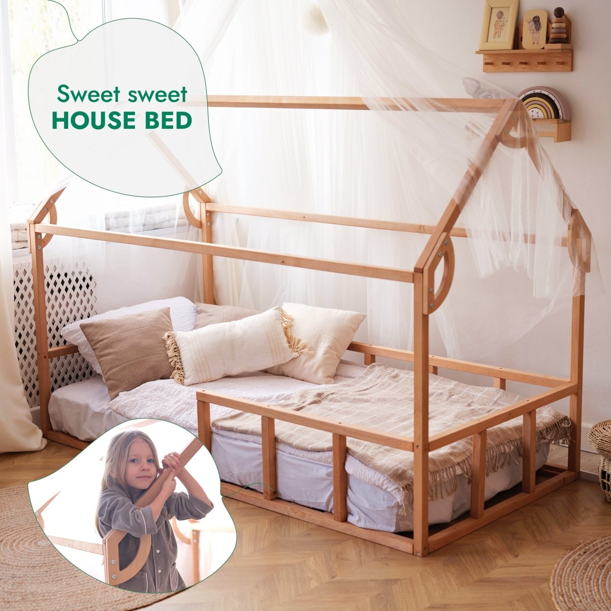 Twin Size Montessori House Bed for Kids with Fence