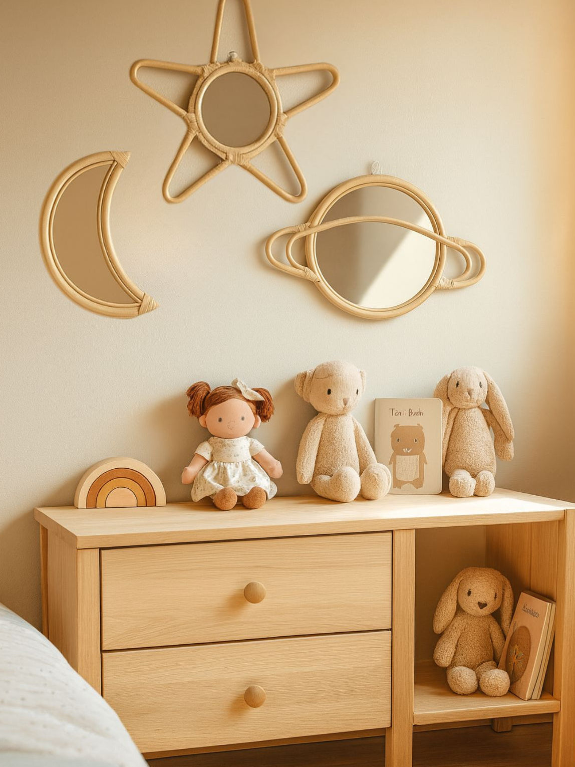 Rattan Saturn Mirror | Boho Nursery Wall Decor | Handmade Natural Rattan Mirror for Kids Room | Eco-Friendly Montessori Wall Art
