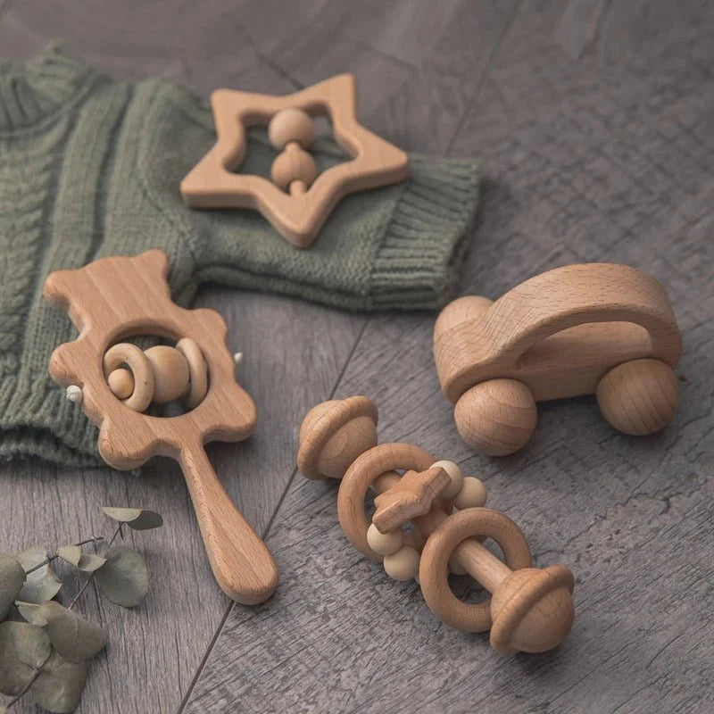 Wooden Baby Rattles Set | Beech Wood Teether and Musical Montessori Toy for Infants