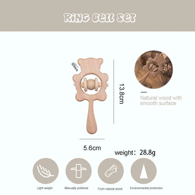 Wooden Baby Rattles Set | Beech Wood Teether and Musical Montessori Toy for Infants
