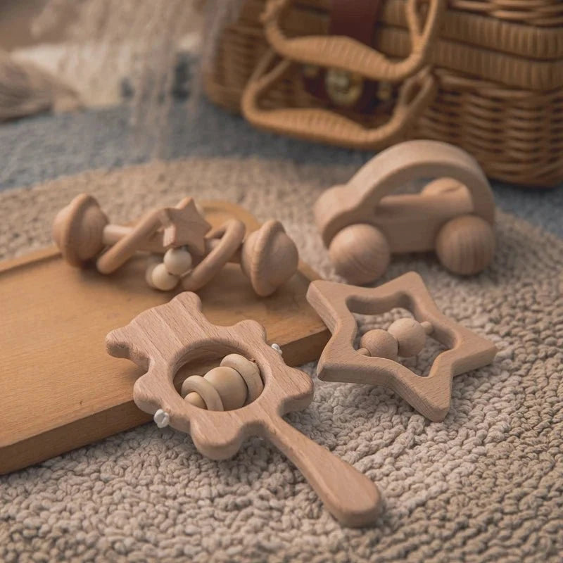 Wooden Baby Rattles Set | Beech Wood Teether and Musical Montessori Toy for Infants
