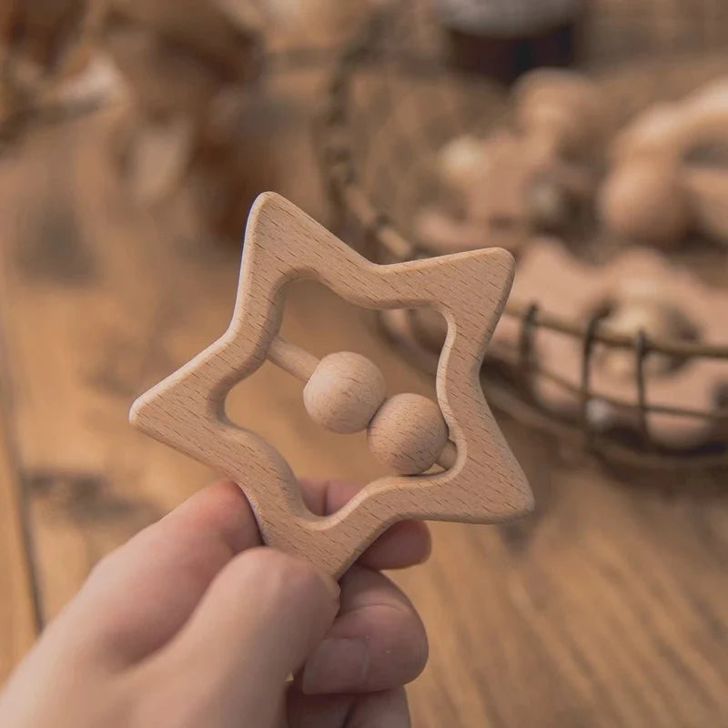 Wooden Baby Rattles Set | Beech Wood Teether and Musical Montessori Toy for Infants